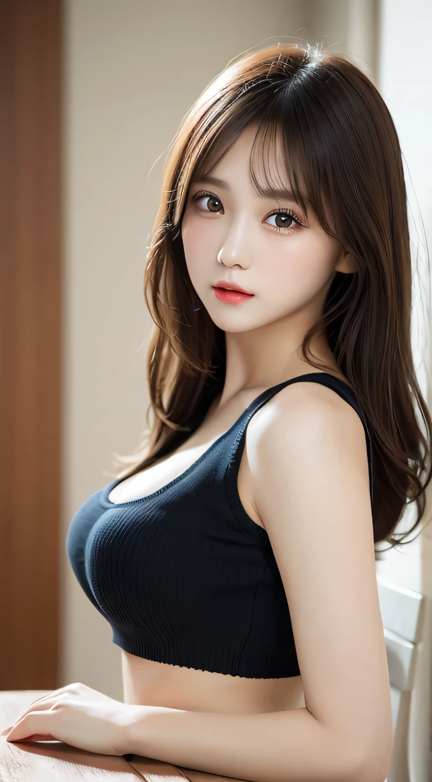 On the table, best quality, illustration, Extremely detailed, Fine details, high resolution, 8k wallpaper, Perfect dynamic composition, Beautiful and delicate eyes, Natural lip shape, Vest, Large Breasts, cleveage, whole body, Navel, Casual sexy poses