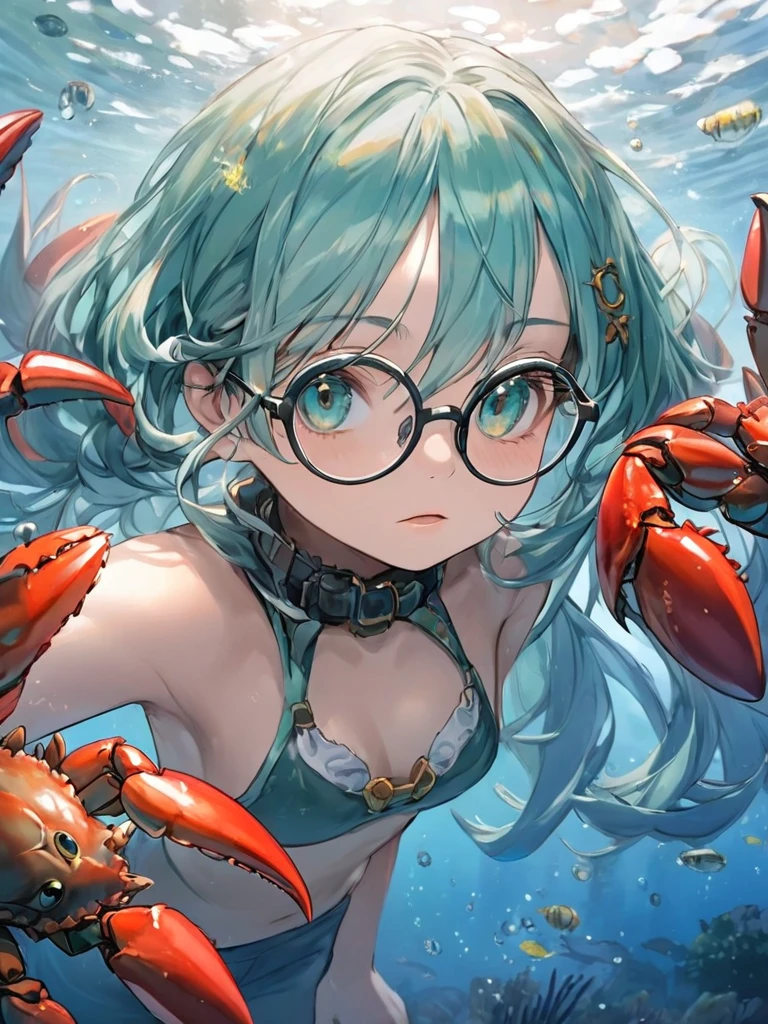 1 busty girl, May Pokémon, Blue bandana, Brown hair, Short hair details, eBlue eyes, Posing with arms raised in blue bikini, mediuml breasts, LOP, upper legs, sea beach,The background is a huge octopus,The tentacles touch the crotch