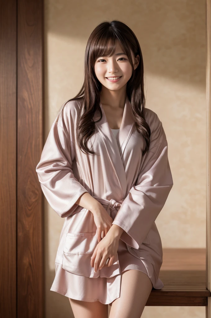 (8k, RAW photo, best quality, masterpiece:1.2), (realistic, photo-realistic:1.4), (extremely detailed 8k wallpaper), Japanese 20 age woman,She is wearing a housecoat,The background is a childhood friend's house,She is relaxing at home.She is wearing a skirt,Her face looks like she's smiling and having fun