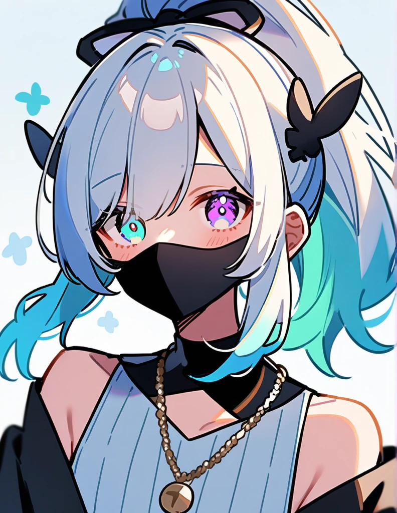 1人の女の子, Brown and light blue gradient hair、ponytail、Eye color is cyan、White off-the-shoulder knitwear、Wearing a black mask、Necklace wear