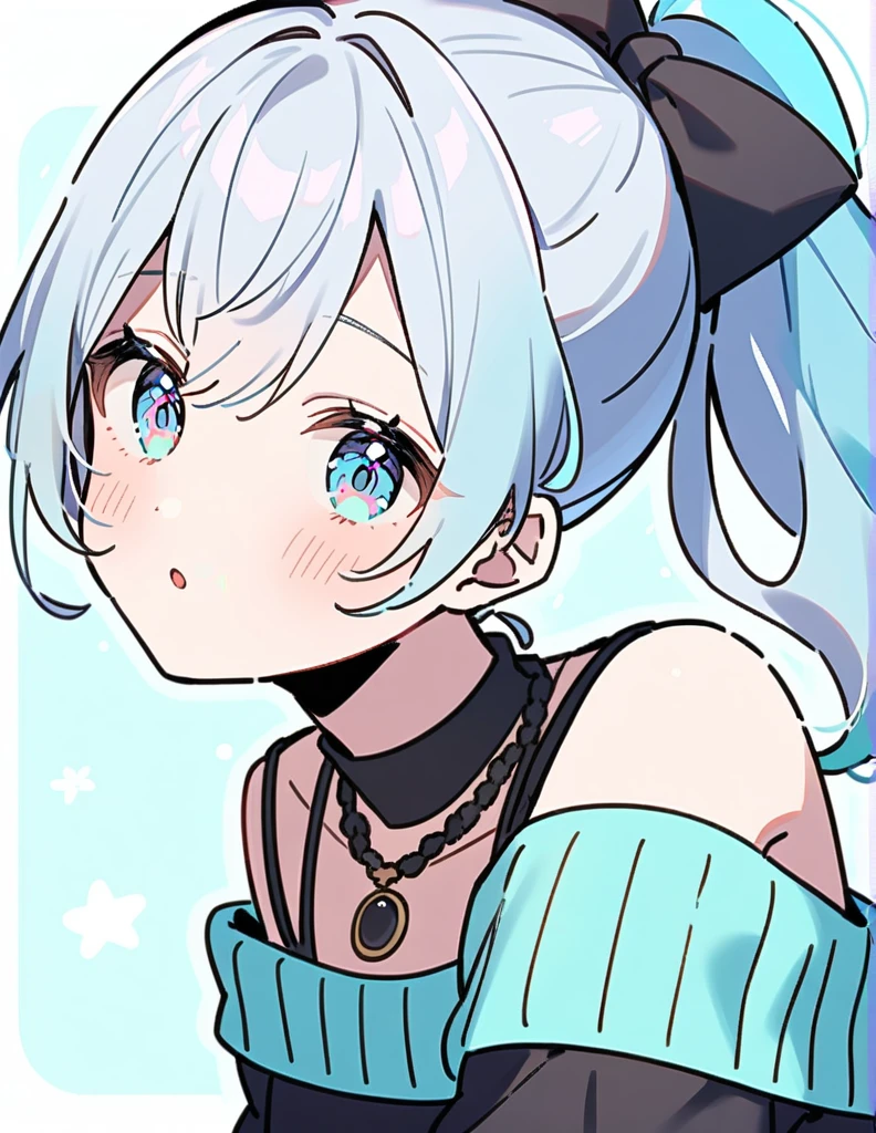 1人の女の子, Brown and light blue gradient hair、ponytail、Eye color is cyan、White off-the-shoulder knitwear、Wearing a black mask、Necklace wear