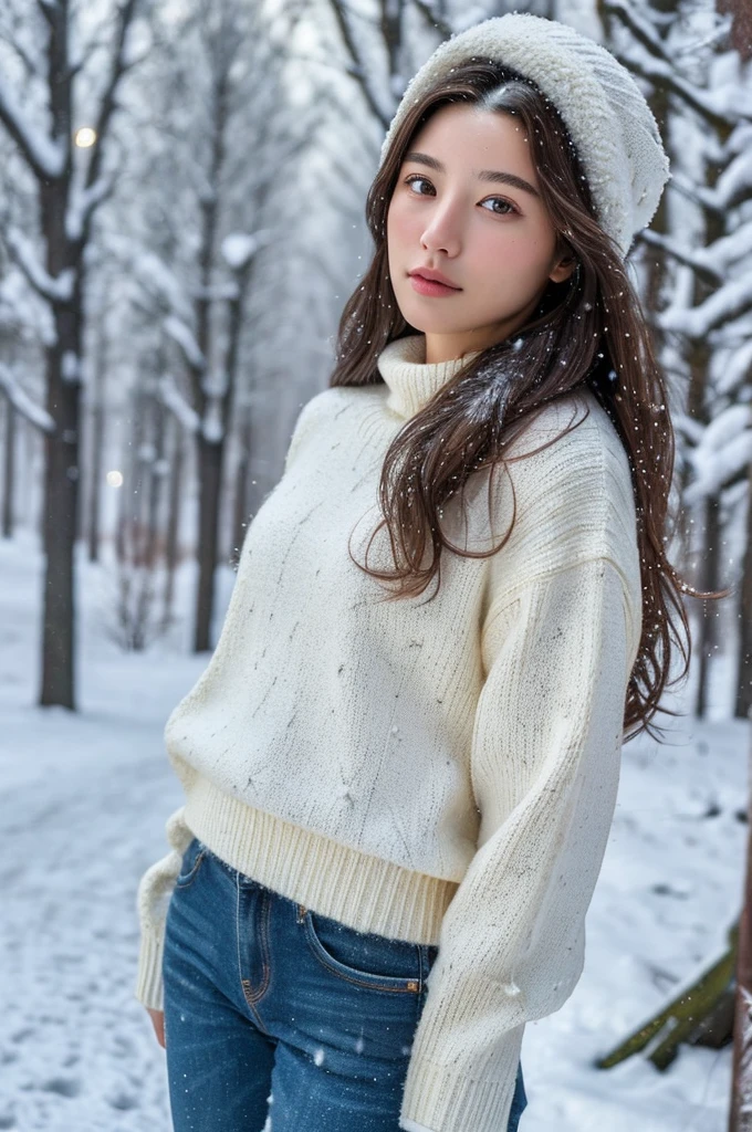 (masterpiece:1.35),(best-quality:1.4),8k,ultra-detailed,photography,(ultra-realistic:1.4), adult girl, long hair, sweater, snowing background,