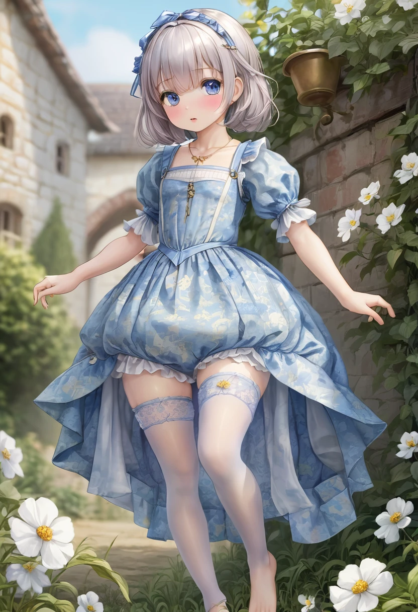 10 year old girl underwear, Realistic bloomers made from patterned cotton fabric, Medieval one-piece dress with panniers, Fabric Realism, Low - Angle, I see bloomers, Pull up the dress by hand, Strong winds, Translucent slip, Translucent slip, tights, Highest quality, Crotch close-up, whole body
