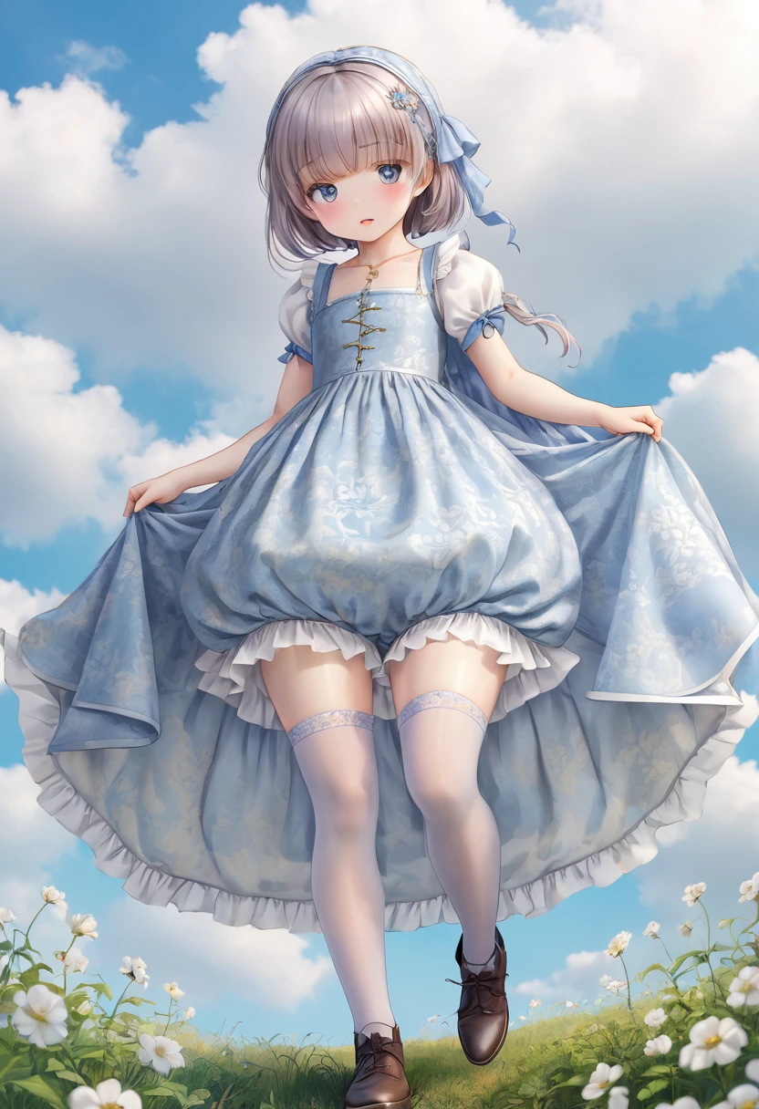  girl underwear, Realistic bloomers made from patterned cotton fabric, Medieval one-piece dress with panniers, Fabric Realism, Low - Angle, I see bloomers, Pull up the dress by hand, Strong winds, Translucent slip, Translucent slip, tights, Highest quality, Crotch close-up, whole body
