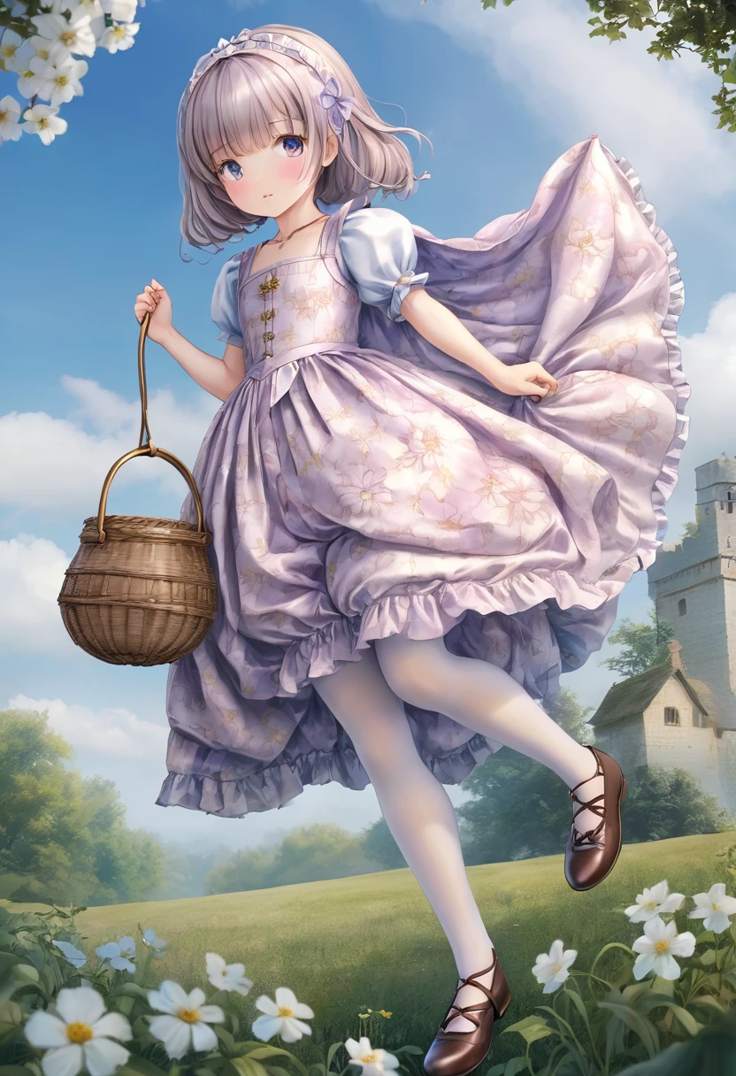  girl underwear, Realistic bloomers made from patterned cotton fabric, Medieval one-piece dress with panniers, Fabric Realism, Low - Angle, I see bloomers, Pull up the dress by hand, Strong winds, Translucent slip, Translucent slip, tights, Highest quality, Crotch close-up, whole body
