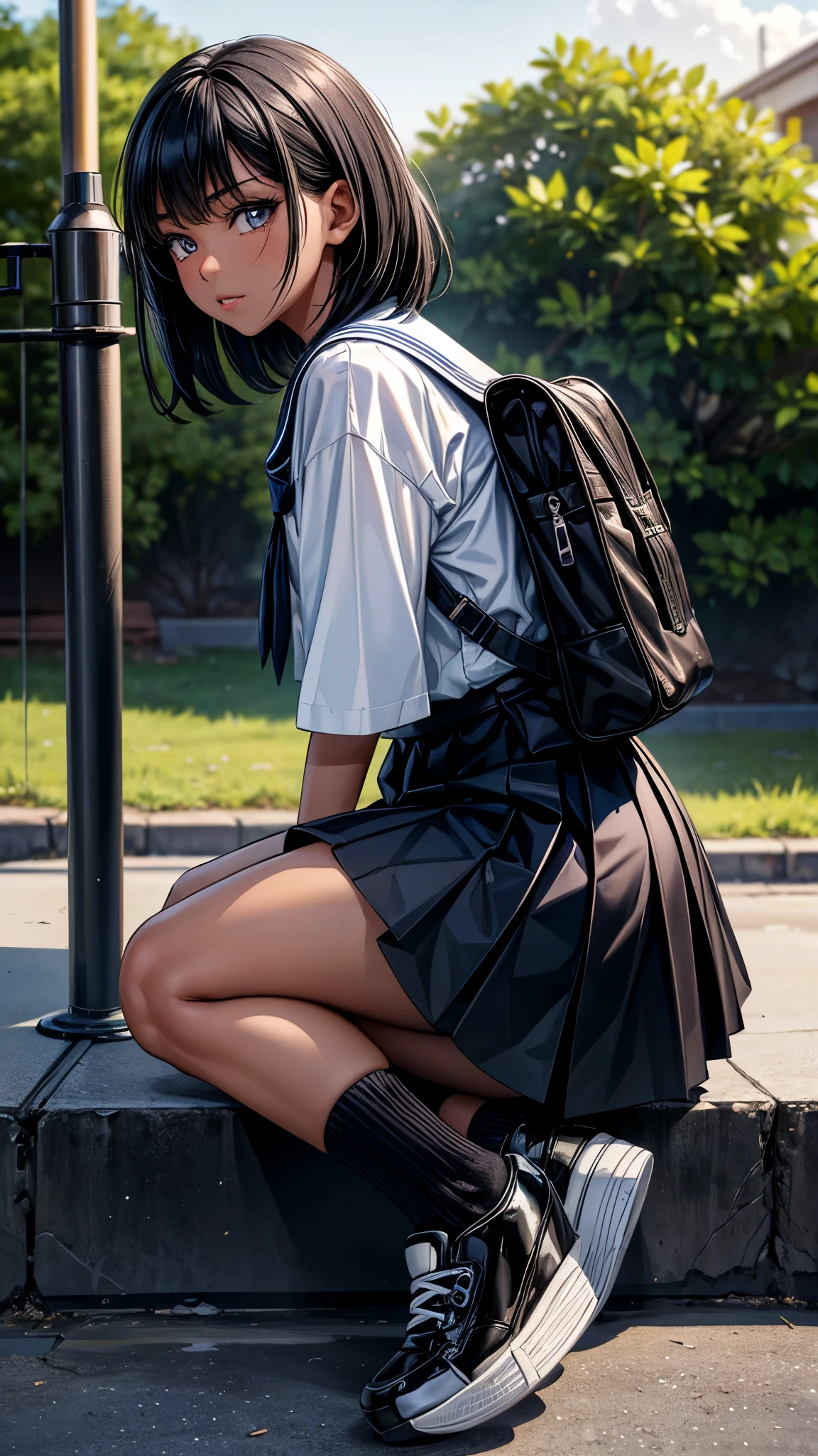 ((From side2.0)),((look away2.0)),((face close up)),beautiful detailed eyes, beautiful detailed lips, extremely detailed eyes and face, longeyelashes, 1 Japanese girl, outside the countryside,,((dark skin color)), (very short black hair),displeased,sailor suit, dark blue color, white shirts, short sleeve, school, dark blue skirt, black skirt, high socks, sneaker, school bag, walk the countryside,((looking down2.0)),spread legs,best quality, 4k, 8k, highres, masterpiece:1.2, ultra-detailed, realistic, photorealistic, photo-realistic:1.37, HDR, UHD, studio lighting, ultra-fine painting, sharp focus, physically-based rendering, extreme detail description, professional, vivid colors, bokeh, portraits