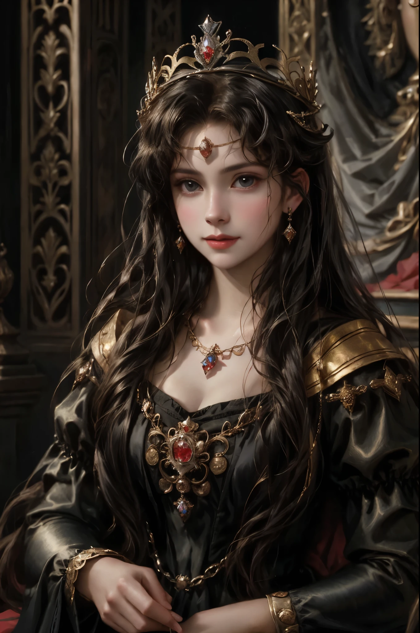 a close up of a woman wearing a crown and a black dress, portrait of princess, princess portrait, pintura de portrait of a princess, portrait of a princess, realistic renaissance portrait, work of art! portrait of arwen, renaissance portrait, renaissance digital painting, princess Vulvine oil painting, fantasy genre portrait, medieval portrait, portrait of a young empress, renaissance oil portrait
