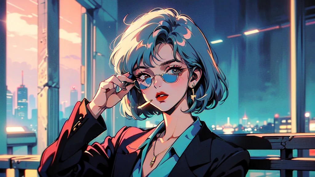 (80's, Retro, City Pop:1.5),  (masterpiece, Highest quality, Exquisite detail), (anime, figure), girl, alone, cool, Wearing sunglasses, short hair,Cityscape, Wearing a white shirt, Smoking a cigarette
