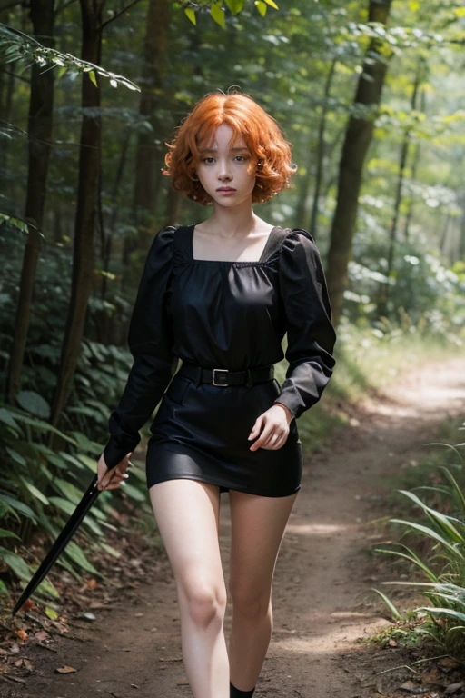 18 year old girl, Lovely, white hair, very short, Very curly, slim, flat bust, with freckles on the face, with slavic features, with long sleeve dress, yellow, whole body, shows her legs, in the castle garden, at night, holding a sword in his hand.