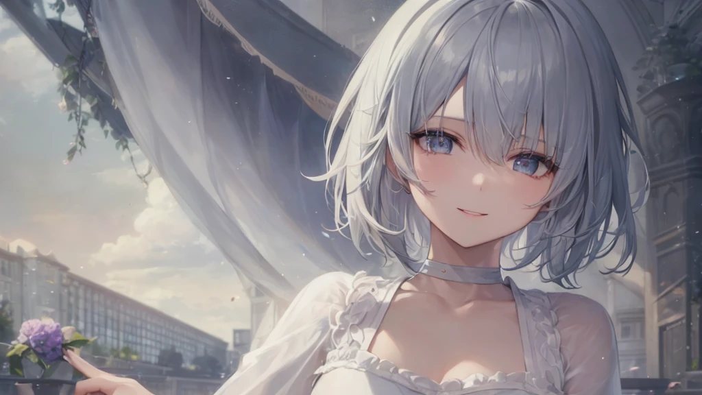 とてもShort Hair, Long bangs between the eyes, Very detailed,(masterpiece、Highest quality)、alone、Gray Hair、Fantasy, Silver Hair, Fantasyな風景、smile、Open your mouth、short hair、Short Hair、hairpin、black eye、Grey Eyes、Beautiful Eyes、Black Shirt、White hoodie