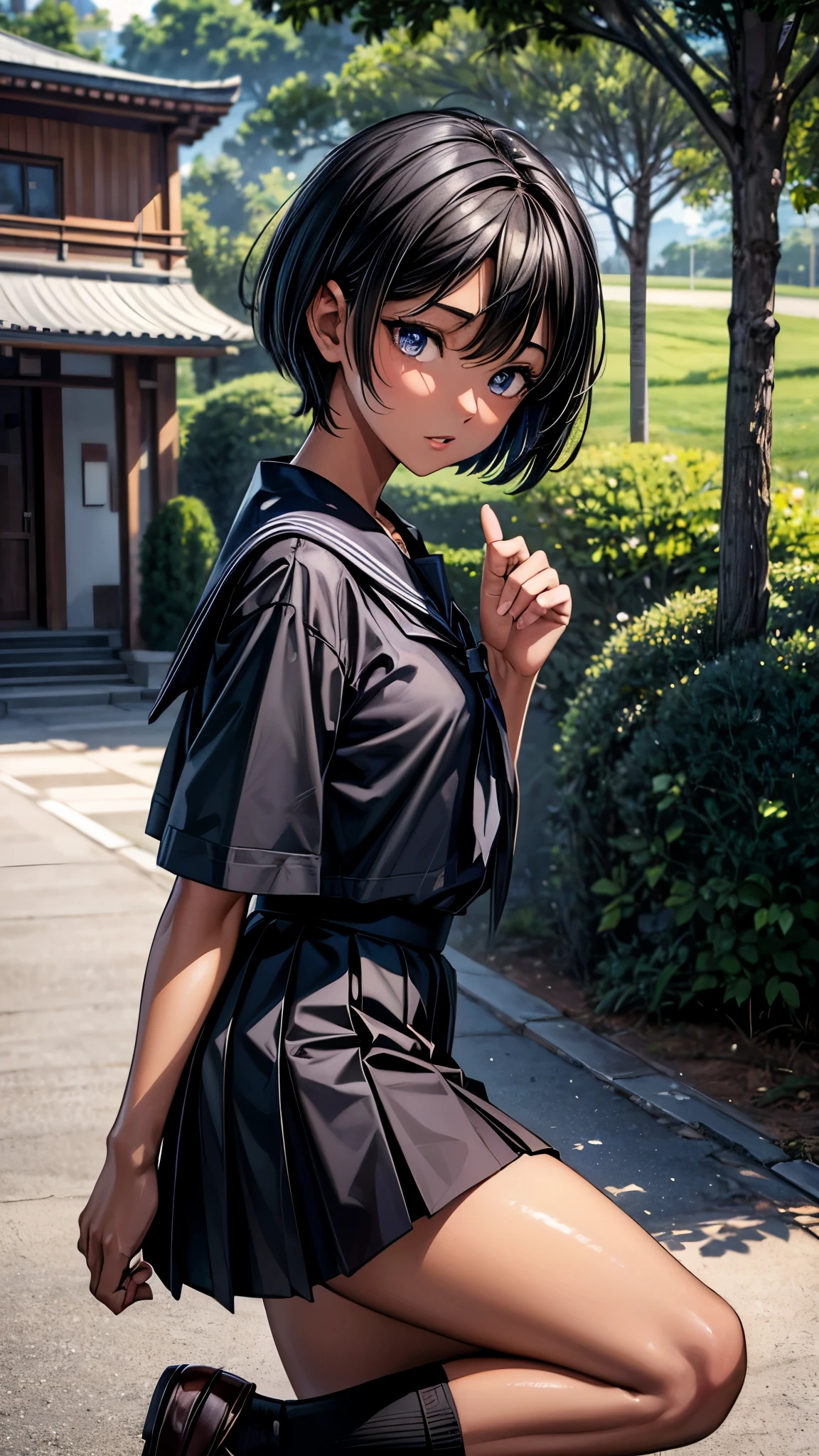 ((From side2.0)),((look away2.0)),((face close up)),beautiful detailed eyes, beautiful detailed lips, extremely detailed eyes and face, longeyelashes, 1 Japanese girl, outside the countryside,************,((dark skin color)), (very short black hair),displeased,sailor suit, dark blue color, white shirts, short sleeve, school, dark blue skirt, black skirt, high socks, sneaker, school bag, walk the countryside,((looking down2.0)),spread legs,best quality, 4k, 8k, highres, masterpiece:1.2, ultra-detailed, realistic, photorealistic, photo-realistic:1.37, HDR, UHD, studio lighting, ultra-fine painting, sharp focus, physically-based rendering, extreme detail description, professional, vivid colors, bokeh, portraits