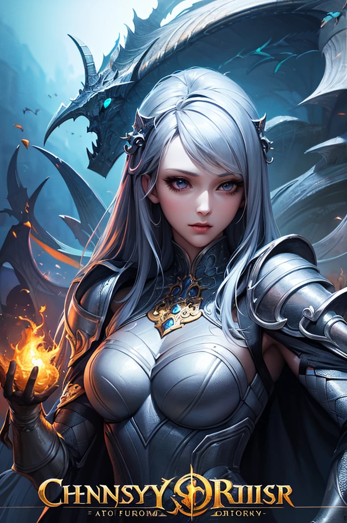 (UHD, retina, masterpiece, accurate, anatomically correct, textured skin, super detail, high details, high quality, best quality, high res, 1080P, HD, 4K, 8k, 16k), (beautiful detailed eyes, beautiful detailed lips, extremely detailed eyes and face), soft lighting, physically-based rendering, vivid colors, (large breasts:1.5), (portrait, shiny hair, shiny skin), eye reflection, (bokeh, dark background), (White color, dragon helmet, dragon wings, dragon tail, fog, silver hair:1.5), ((blue glowing eyes, parted lips:1.5)),