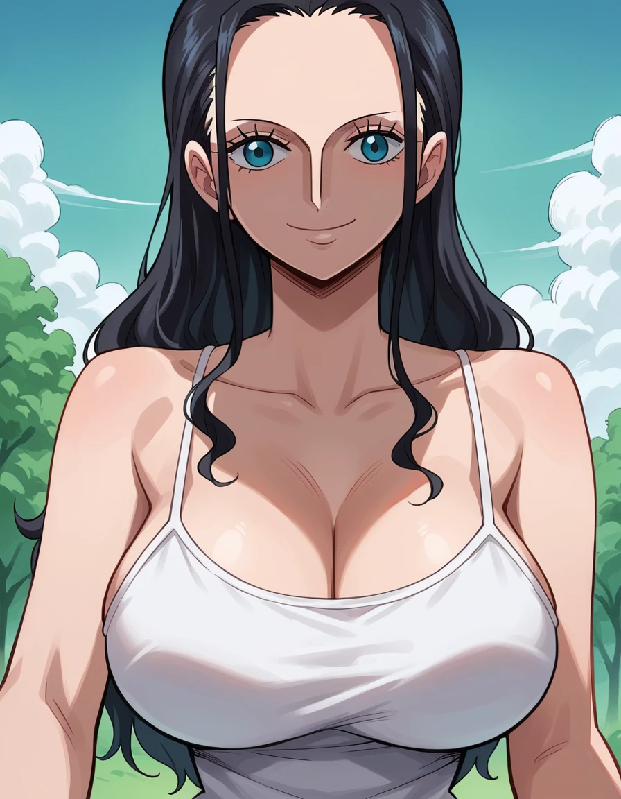 score_9, score_8_up, score_7_up, best quality, source_anime, clear face, 1girl, (Nico Robin) , black hair, long hair, blue eyes, large breasts, camisole, clevage, outdoor, smile, dynamic angle, looking at viewer