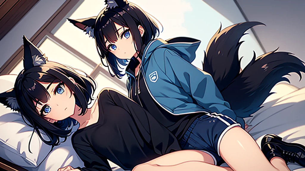 A fox girl. She has short black hair, black fox ears, black tail with white tip, blue colored eyes. Wearing a blue jacket, black shirt and blue shorts and shoes. Set in a bedroom at day full of decorations. Perfect Anime Art. Masterpiece, highres, accurate, textured skin, anatomically correct, ultra HD, 4k, perfect details, best quality