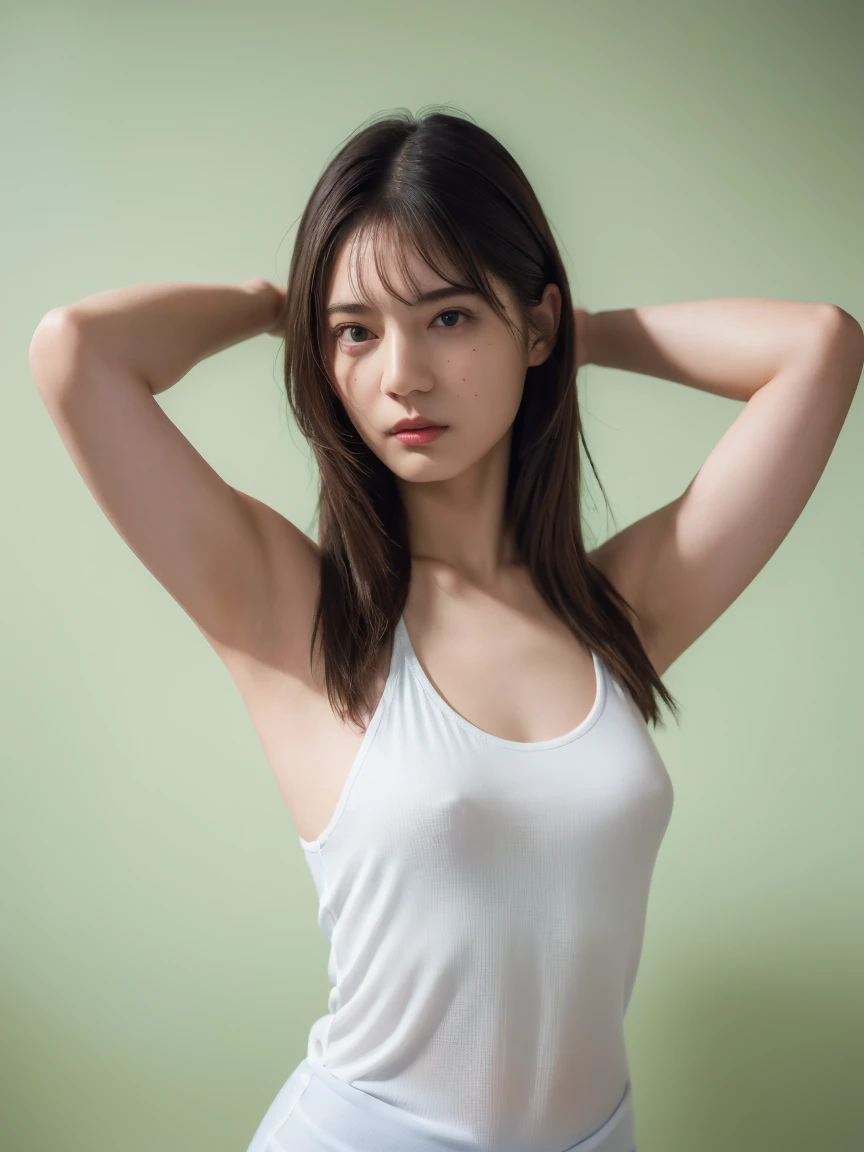(best quality:1.4), (ultra highres:1.2), (photorealistic:1.4), (16k, RAW photo:1.2),(portrait shot:1.3), bmangpor, 1girl, solo, long hair, brown hair, upper body, white smooth armpits, one arm up, knit tank top, small breast,see through,nipple