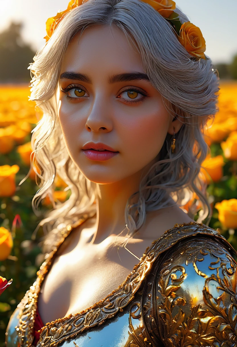 (masterpiece:1.2), full body, random cloth, highest quality, (figure:1.2), Ornate decoration elaborately crafted glow, Lens flare), (Super detailed), hyper details, (Delicate), (intricate details), (cinematic light, highest quality Backlights),(Bioluminescent Hair), (shining eyes), (dynamic:1.2), ((compensate)), absolutely eye-catching, prehistoric,((colorful paint splashes on background, dulux,)), ((caustic)), dynamic angle, (fascinating), ambient light, raytraced reflections,(best illumination, very delicate and beautiful), ((cinematic light)), colorful, powerful, (Movie masterpiece),dreamy big eyes, perfect proportions, perfectly drawn face, albedo, gray hair, Lock, comfortable, intense, Day, golden sky, exciting, figure, Angels everywhere, yellow eyes, red rose, Lock, splash of color, smooth soft skin, golden hour, in the atmosphere, garden, fields, bullet, breathtaking, ambient light coming from sky, soft warm glow coming from Lock, god&#39;s rays, hello, beautiful complex colored hair, symmetrical, soft lighting, , concept art, digital painting, Admiring the scenery, realistic reflection, tracers everywhere