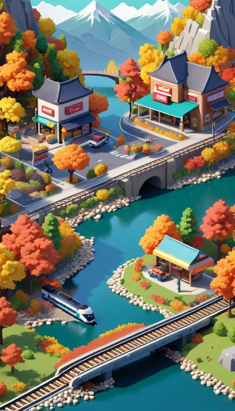 Dreamlike scenery,(Mountains、Fall:1.6),Around the mountain road,Convenience store,bridge,Scenic area rest tables and chairs,river,train,track,Isometric Art, 3D Isometric, Isometric pixel art,Simple background,MG_ip