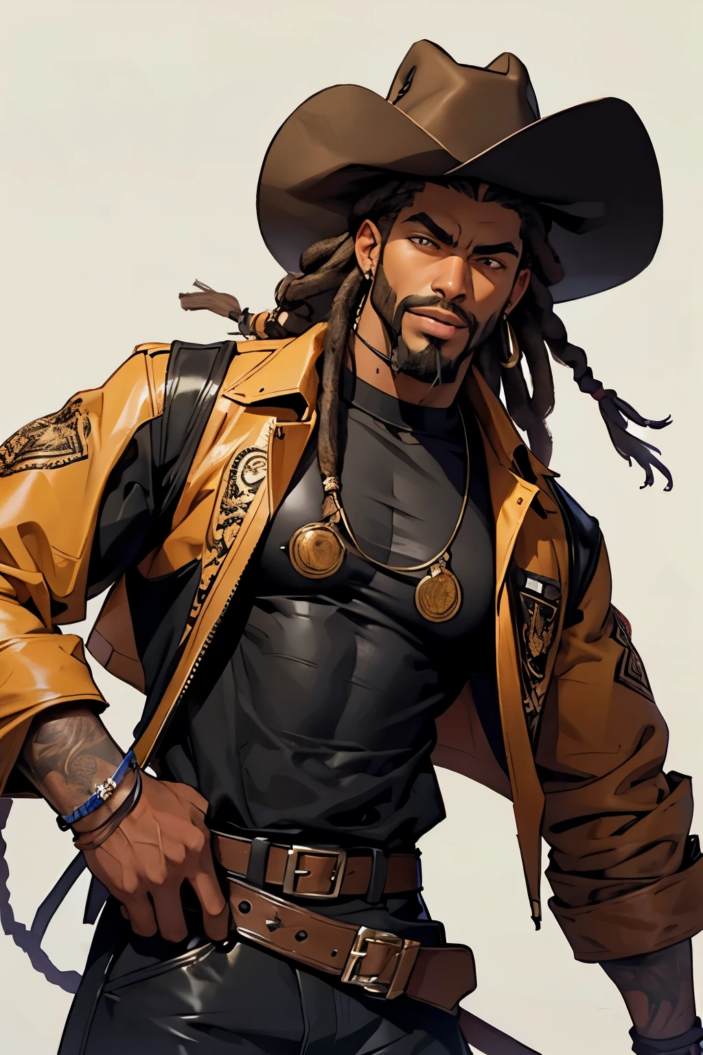hand drawing of the face of a black man with a cowboy style leather hat, wide jaw, dreadlocks and goatee, threatening look