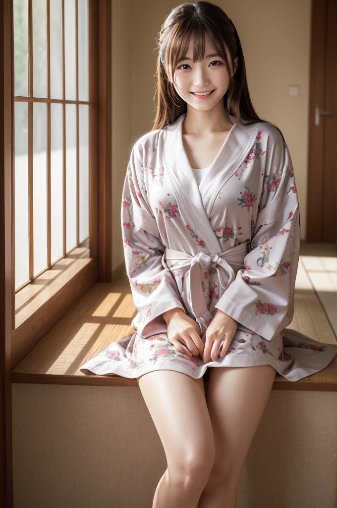 (yinchuan:1.5), close-up, masterpiece, best quality, raw photo, photorealistic, (((Small breasts: 2.0))), cleavage, beautiful face, soft smile, 20-year-old girl, light pink yukata, floral yukata, ((sits on a chair, beautiful legs visible)))), night, depth of field, high resolution, ultra detail, fine detail, highly detailed, highly detailed eyes and face, sharp pupils, realistic pupils,((round brown glasses)), areola slip, dark blonde berry shorthair, (((full body)), from below, dark pubic hair,