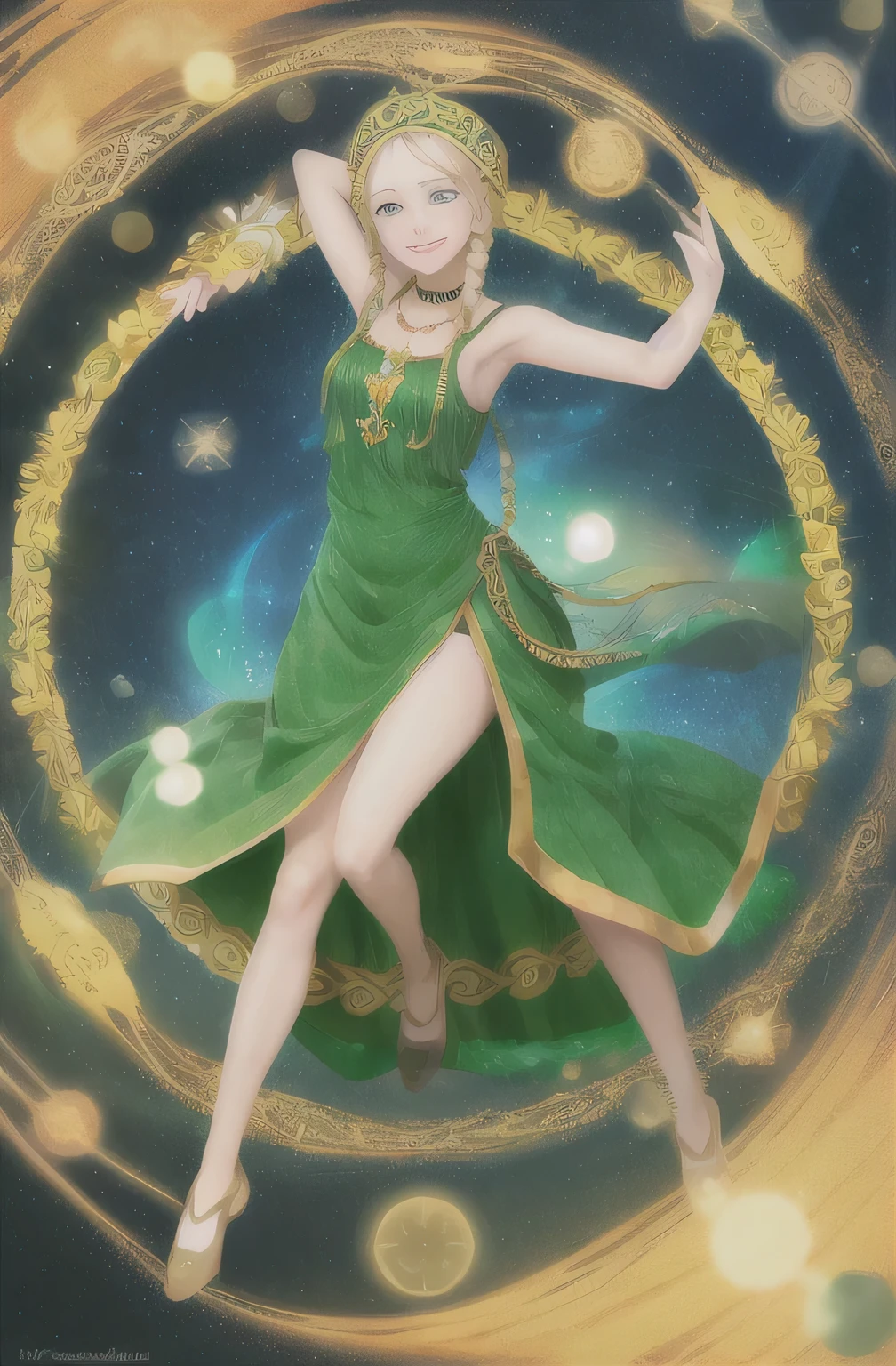 Highest quality, masterpiece, Upper Body,
(Adult:1.6) Ukrainian woman, (Grin:0.4),
Braided blonde hair,
Emerald Eyes,
Medieval sundress,
Floating light particles, Centered, dancing