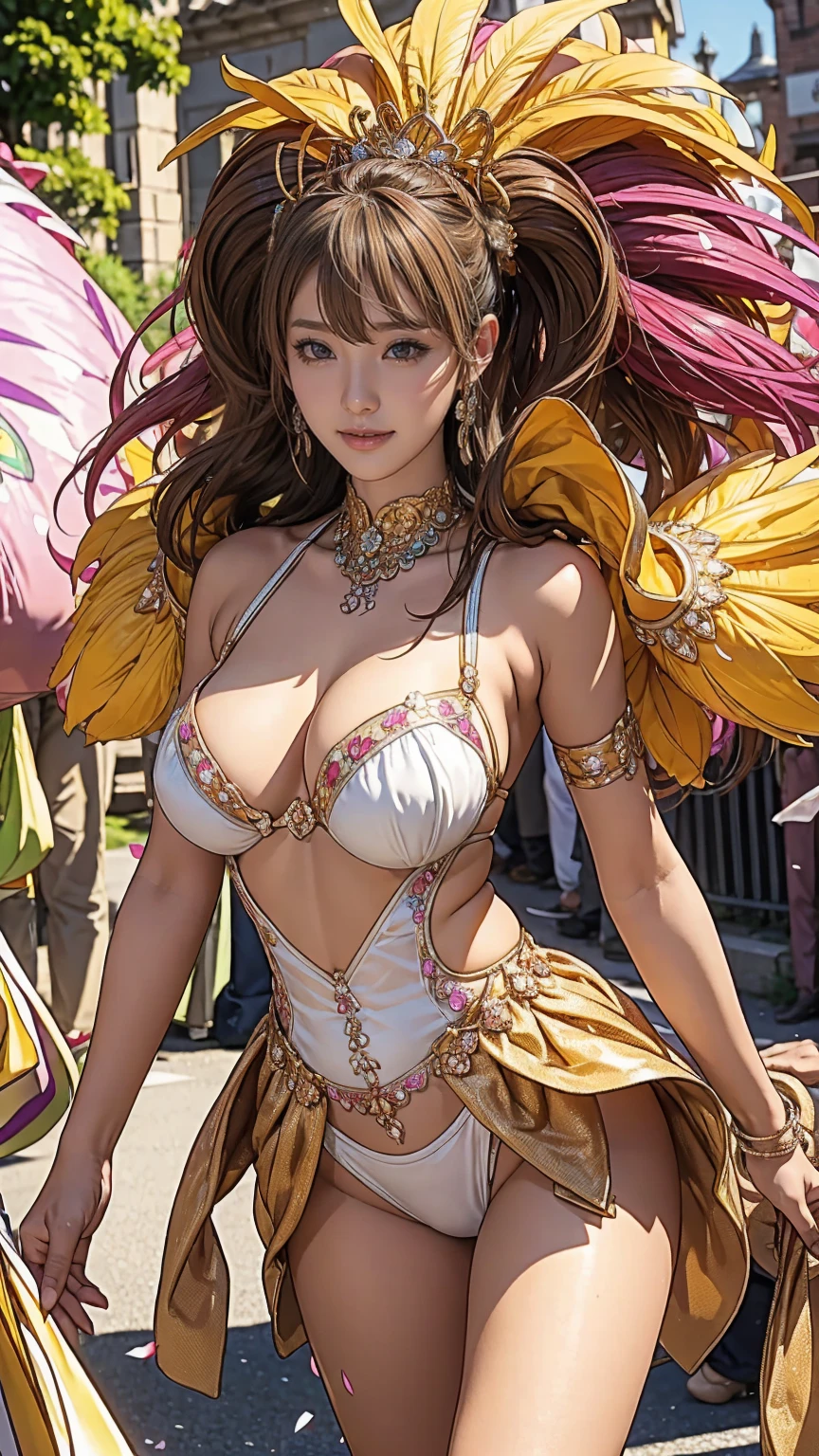 Highest quality, Official Art, masterpiece, Fabric Shading, High resolution, Very detailed, colorful, Best details, High leg samba micro costume:1.5,microwave good:1.9, Yuki Mori:1.5, 1 female, Age 25, Brown Hair, short hair, Twin tails,Naturally flowing bangs, Puffy nipples:1.7, {{{{{Dancing vigorously in the parade:1.9}}}}}, A castle town with an old castle view, sunny, Large Breasts, skinny, Surrounded by a bunch of male photographers:1.9, She is being photographed by many male photographers.:1.9, Confetti falling, Blessed, welcome:1.5, {{{{{Camel Toe:1.9}}}}}, Ground level shot,