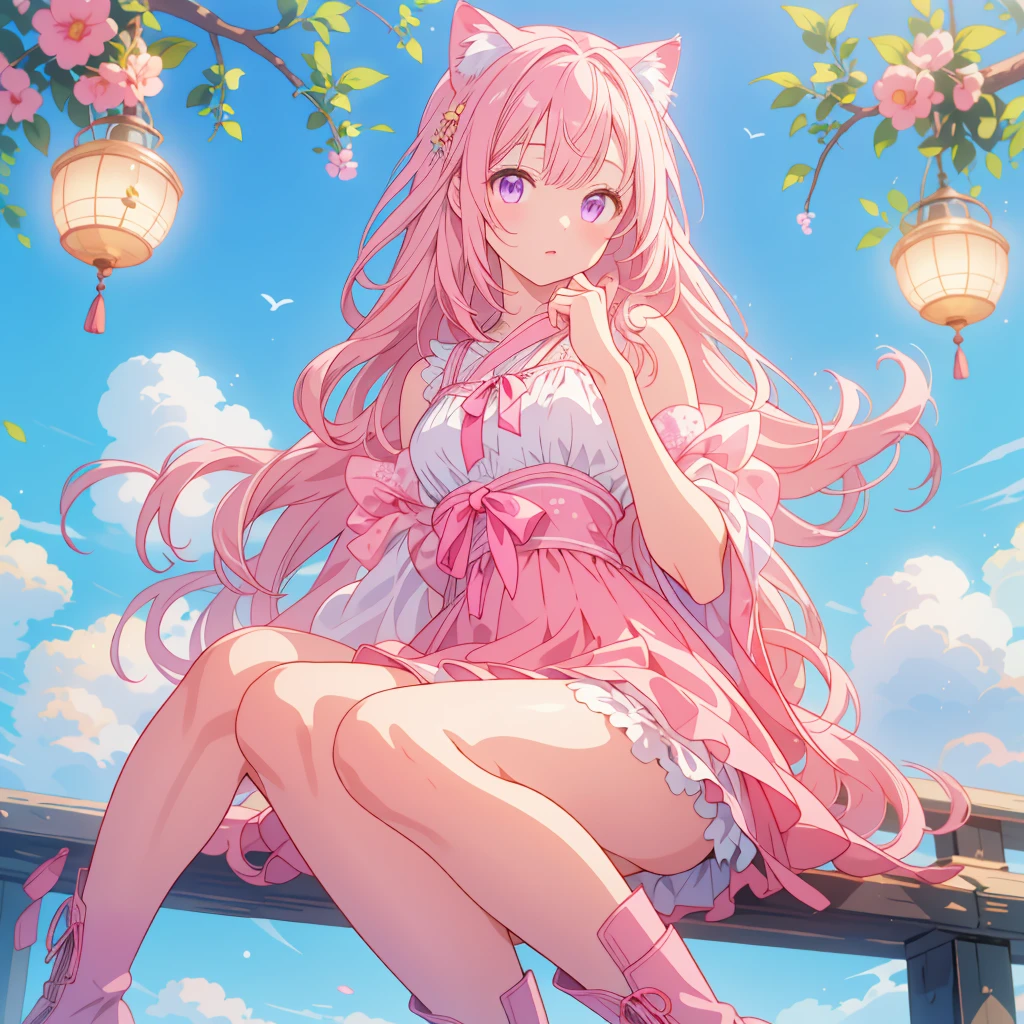 Cute With a girl cat ears、Japanese anime style、Moe、(Full body 2.0)、(Only 1 person 2.1)、(No background 1.8)、Lifelike and detailed body、、With a girl、Childish、、Hair length、Bans、Pink Hair、Lifelike and detailed face、Beautiful eyes with realistic detail,、 Real and highly delicate arms and hands、A highly realistic and detailed human hand(Five fingers)、The most beautiful girl in the world、Delicate and beautiful pink cat eyes、Real skin texture、Private Server、Lolita、mini skirt、(Lifelike and detailed pink stockings 2.5)、(Lifelike long boots 1.5)
