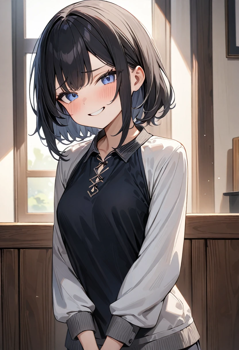 (masterpiece, top quality, very aesthetic, 4k、illustration), intricate detail, 1girl,Standing 、(upper body)、forced smile、()、
Cute 、black hair、,middle hair,sidelock ,,blue eye、Casual attire、small breasts、Slim 、