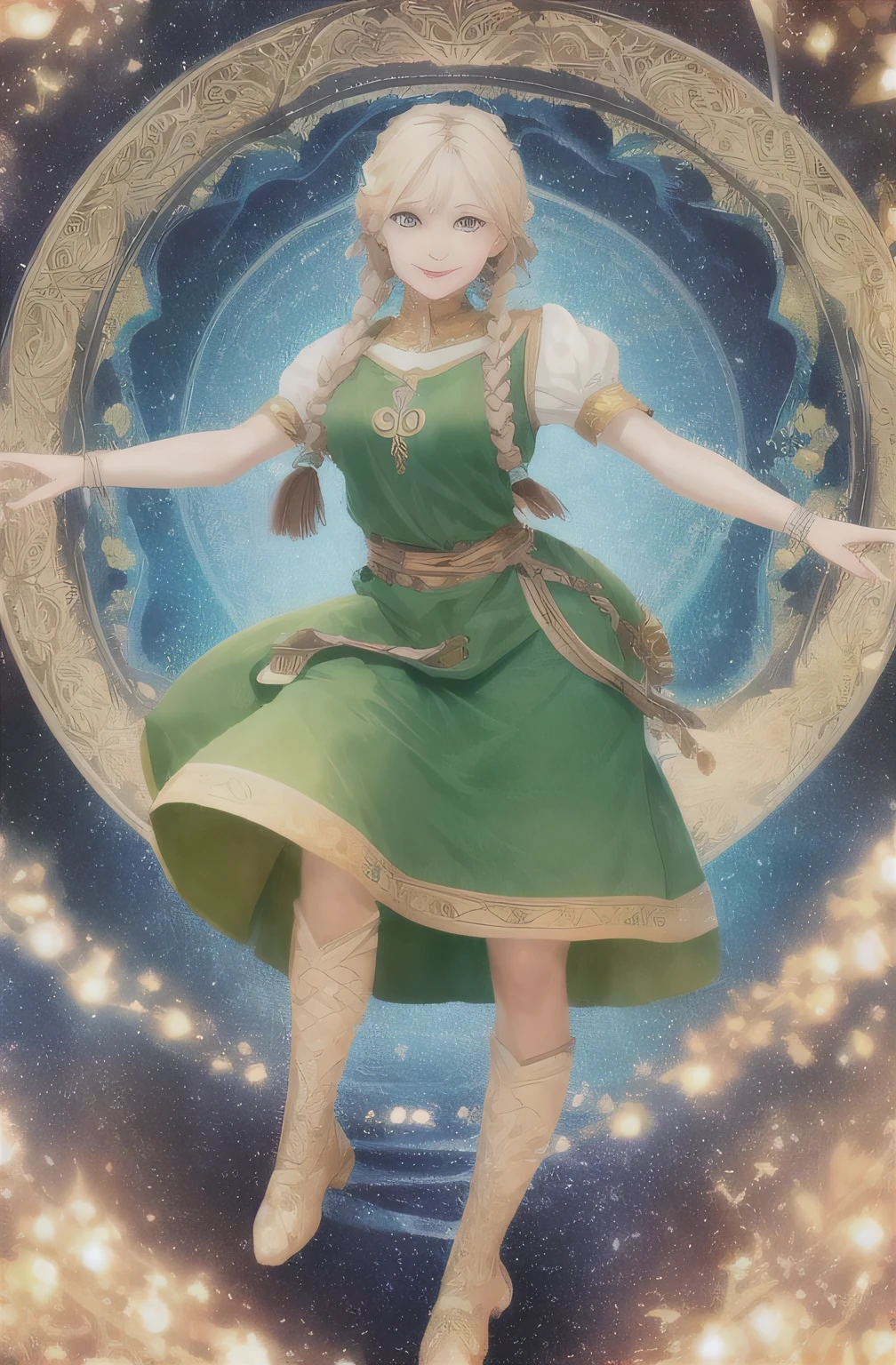 Highest quality, masterpiece, Upper Body,
(Adult:1.6) Ukrainian woman, (Grin:0.4),
Braided blonde hair,
Emerald Eyes,
Medieval sundress,
Floating light particles, Centered, dancing