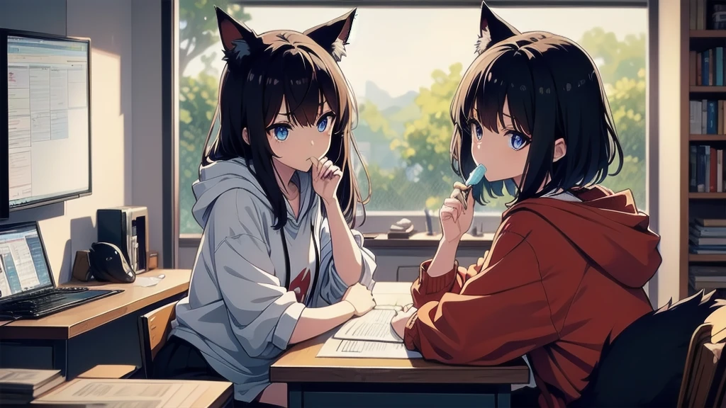 a hand-drawn anime-style illustration featuring two female characters. One character, sitting cross-legged on the floor, has short red hair, fierce red eye color, and wears a red hoodie while eating something. The other character lies on the floor with short black hair, shy blue eyes, and black fox ears. A black cat with blue eyes stands in the background observing. The room is messy with scattered papers, books, a green bottle, and a cup. A bulletin board filled with notes and drawings hangs on the wall, and a computer monitor is visible in the background.