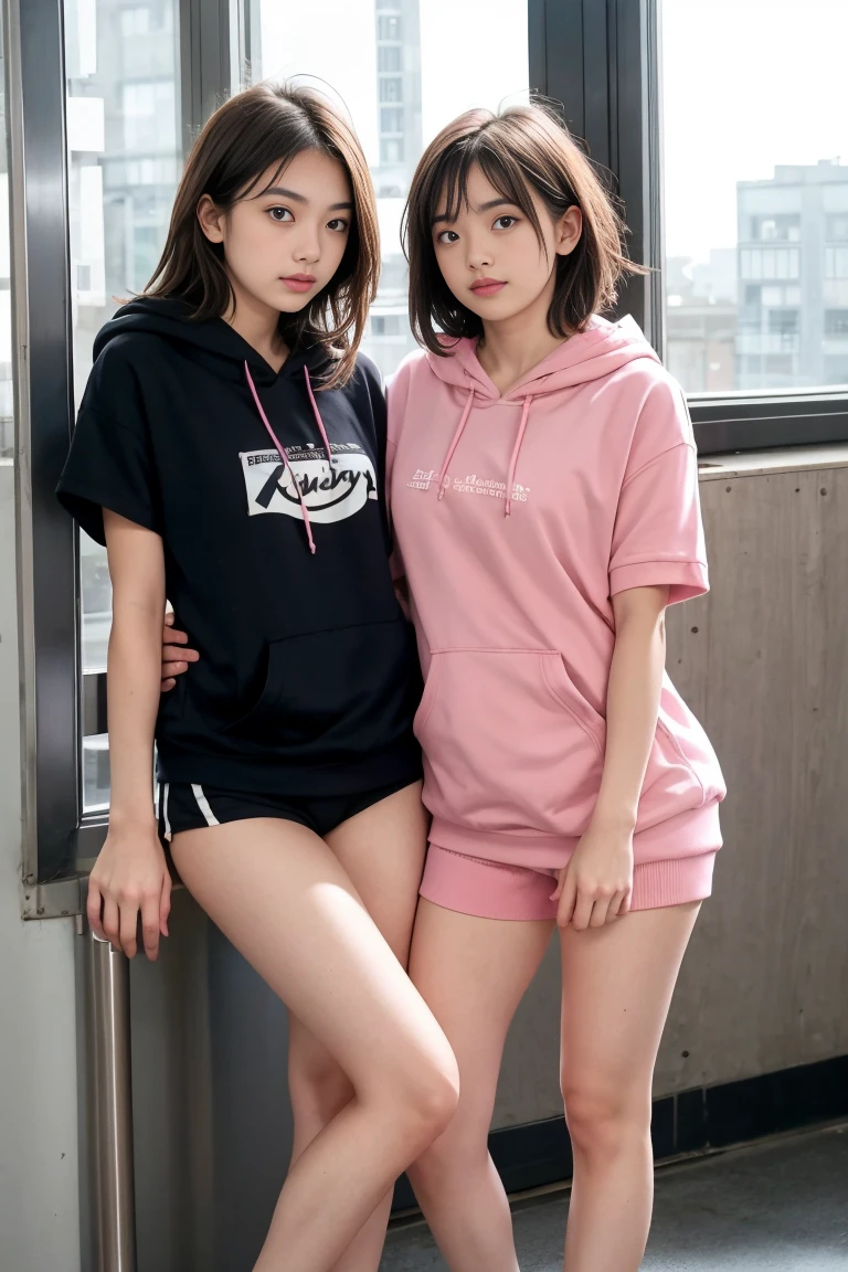 deux femmes ensemble de 18 ans sexy et mince , pink short sleeve hoodie , salle de classe, se touche,position sey,sensuel,visible legs,