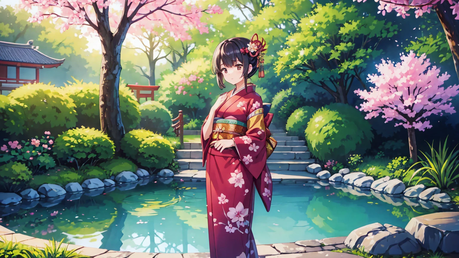 A young woman in traditional Japanese attire playing a flute. She is wearing a beautifully detailed kimono with intricate patterns. Her hair is styled elegantly, and she has a serene expression on her face. She is standing in a peaceful garden with cherry blossoms in full bloom, their petals gently falling around her. The garden features a small pond with koi fish and a traditional stone lantern. Soft sunlight filters through the trees, casting a warm and tranquil glow over the scene.