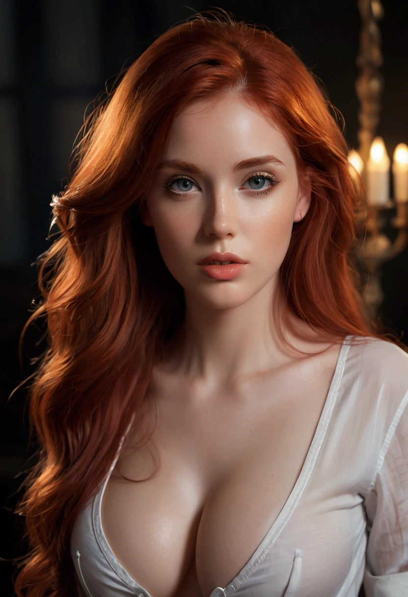 ultra realistic, photography, long red hair, girl, 24 years old, hourglass figure, perfect body, Flirty look, extremely detailed artgerm, in the style artgerm, small breasts, facing the camera, lens 35 mm, blur background, (realistic skin details, realistic skin), (very detailed and vivid eyes), Red lips, make up, neck, earrings, choker, accessories, perfect body , Perfectly round butt, naked, looking at the viewer, pose sexy, (perfect hands), (hands with 5 fingers), (Masterpiece), (photorealistic), (8k), (realistic lighting),