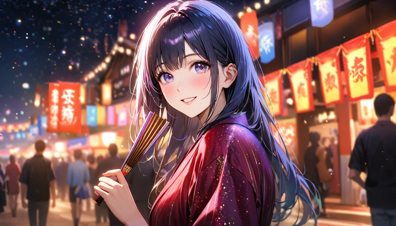 Summer festival,night, Starry Sky,yukata,Having a fan,Gazing at the sky,Blur the background,high school girl,smile,Glitter effect,Highest quality, 8k, High resolution, masterpiece:1.2, Very detailed, Realistic:1.37, High resolution, 超High resolution, Ultra-fine painting, Very detailed, Professional, Vibrant colors