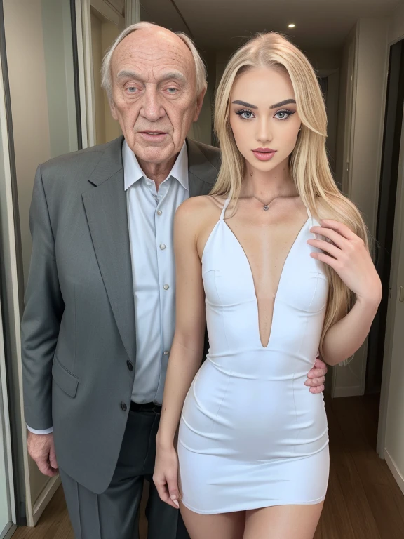 8k, Hyperrealistic body shot of pale blonde skinned woman being hugged from behind by a 90 year ugly old man wearing in a suit, girl hot sexy mini dress, Girl sexy hot, Alisha Lehmann face, 2