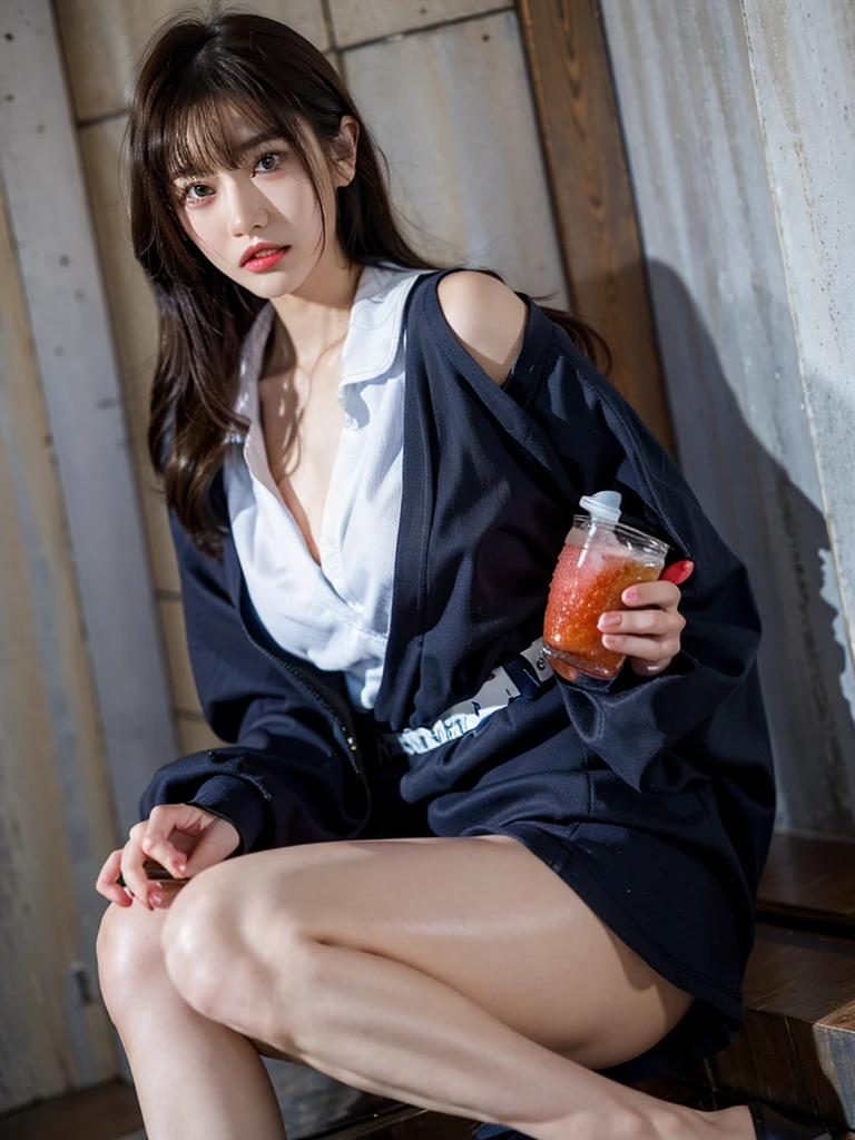 The content is very detailed、tmasterpiece、top-quality、Super high resolution A、8K high-definition、Photogenic clarity、Detailed eyes、grade、perfect anatomy body proportions, hdd、NSFW , ,there is a woman that is leaning against a wall,A drink in hand, Urzans, She is seen wearing streetwear, Anime girl role play, japanese streetwear, Popular topics on cgstation, 2 d CG, Anime girl squats, Loose wide collar sailor suit, ecchi style, gas station trends, dark blue and red, Korean fashion model,upperbody closeup,Street photography,Strawberry print,watery big eyes,Wearing blue contact lenses
