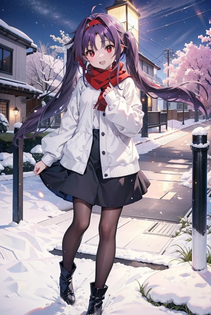 yuukikonno, Konno Yuuki, Long Hair, Pointed Ears, Purple Hair, (Red eyes:1.5), (Small breasts:1.2), Open your mouth,happy smile, smile, Open your mouth,hair band,low twin tail,Red Scarf,Oversized purple hoodie,Black pantyhose,Long skirt,short boots,Holding a paper cup of coffee in both hands,Walking,snowが降っている,snowが降り積もっている,snow,snow,snow,snow,snowが積もった木,winter,Cold Sky,night,whole bodyがイラストに入るように,
break looking at viewer,  whole body,
break outdoors, garden,
break (masterpiece:1.2), Highest quality, High resolution, unity 8k wallpaper, (figure:0.8), (Beautiful attention to detail:1.6), Highly detailed face, Perfect lighting, Highly detailed CG, (Perfect hands, Perfect Anatomy),