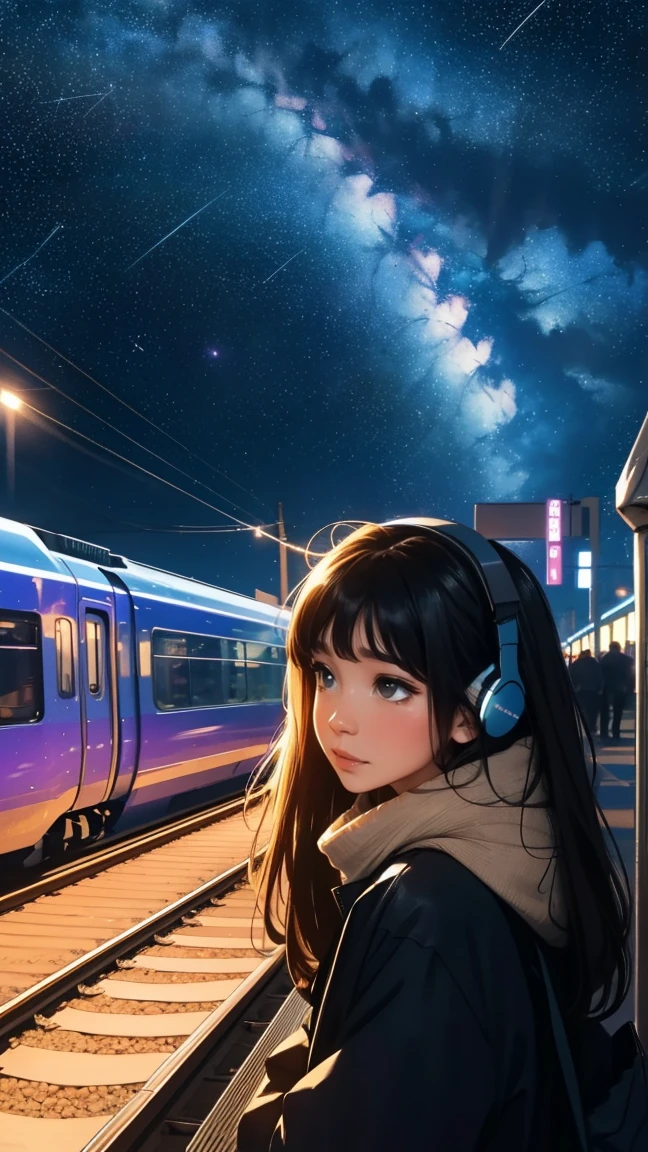 train, high quality,trainから降りる, Light clothing、Station platform,Stargazing, Put on your headphones, Night Travel, Beautiful starry sky, beautiful girl, UHD Portrait, colorful, Long hair in color 🌈