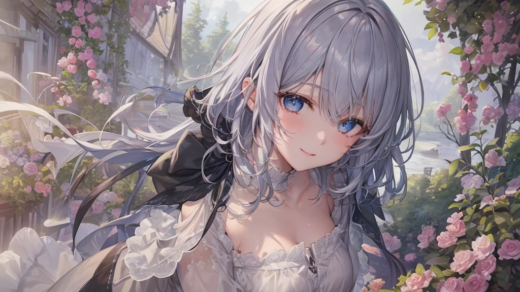 Ultra HD,Look at the viewers, Put your hands behind your back, With a girl, 20-year-old, 非常にShort Hair, Long bangs between the eyes, Pale blue eyes, Very detailed,(masterpiece、Highest quality),Gray Hair、Laughter、Fantastic, Silver Hair, Iris, Short hair、 Fluttering Hair、Small Face、明るいsmile、(Detailed face) ,Professional Lighting,Wonderful landscape,blue sky, sunlight,Looking down from above,Portraiture、Open your mouth、Flower Field、Her eyes were shining、Mysterious and enchanting atmosphere。With AI Painting、とてもShort Hair, Long bangs between the eyes, Very detailed,(masterpiece、Highest quality)、alone、Gray Hair、Fantasy, Silver Hair, Fantasyな風景、smile、Open your mouth、short hair、Short Hair、hairpin、black eye、Grey Eyes、Beautiful Eyes、Black Shirt、White hoodie
