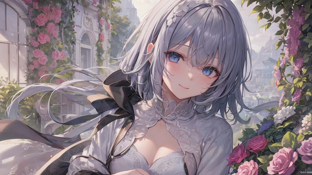 Ultra HD,Look at the viewers, Put your hands behind your back, With a girl, 20-year-old, 非常にShort Hair, Long bangs between the eyes, Pale blue eyes, Very detailed,(masterpiece、Highest quality),Gray Hair、Laughter、Fantastic, Silver Hair, Iris, Short hair、 Fluttering Hair、Small Face、明るいsmile、(Detailed face) ,Professional Lighting,Wonderful landscape,blue sky, sunlight,Looking down from above,Portraiture、Open your mouth、Flower Field、Her eyes were shining、Mysterious and enchanting atmosphere。With AI Painting、とてもShort Hair, Long bangs between the eyes, Very detailed,(masterpiece、Highest quality)、alone、Gray Hair、Fantasy, Silver Hair, Fantasyな風景、smile、Open your mouth、short hair、Short Hair、hairpin、black eye、Grey Eyes、Beautiful Eyes、Black Shirt、White hoodie