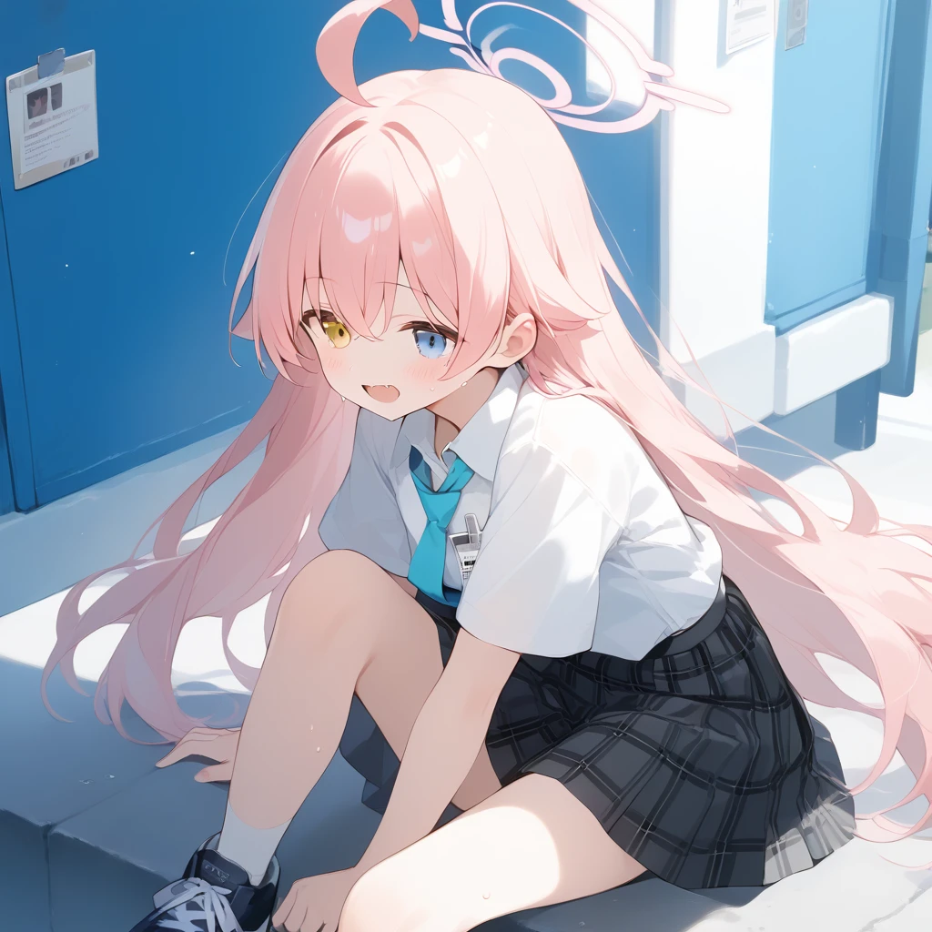 score_9, score_8_up, score_7_up, source_anime, best quality, masterpiece, official art, absurdres, highres, ultra-detailed,waifu2x,Collection: Slice of Life,break,1girl, hoshino \(blue archive\),heterochromia,long hair,pink hair,ahoge,halo,white shirt,plaid skirt,necktie,sneakers,id card,sweat, open mouth, (yawn:0.3), sleepily, outdoors, wind,break,(clear line illustration:1.2), super detailed skin,very high resolution, very aesthetic, Best sexual lighting powered by famous artist, 8k,cute picture,beauty illustration,photoshop_(medium),,(Detailed Lighting),best anime 8k konachan wallpaper, pixiv contest winner, 
