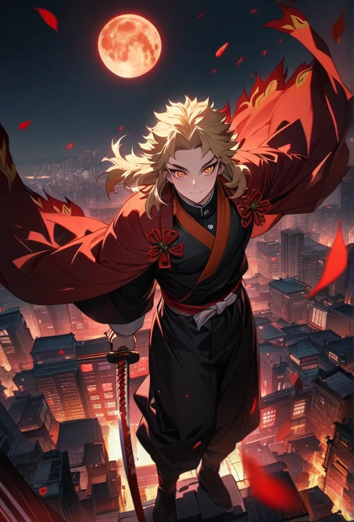 Absurd, High resolution, Super detailed, High resolution, masterpiece, Highest quality, Rengoku Kyojuro holding a katana, Medium blonde hair with red streaks, Expressive orange eyes, Kimetsu no Yaiba, 1 person, handsome, Red petals, red lily, Red The moon, and standing above the city,