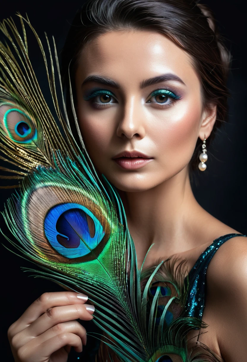 ultra clear raw photo of woman with a peacock feather, close up, dark background