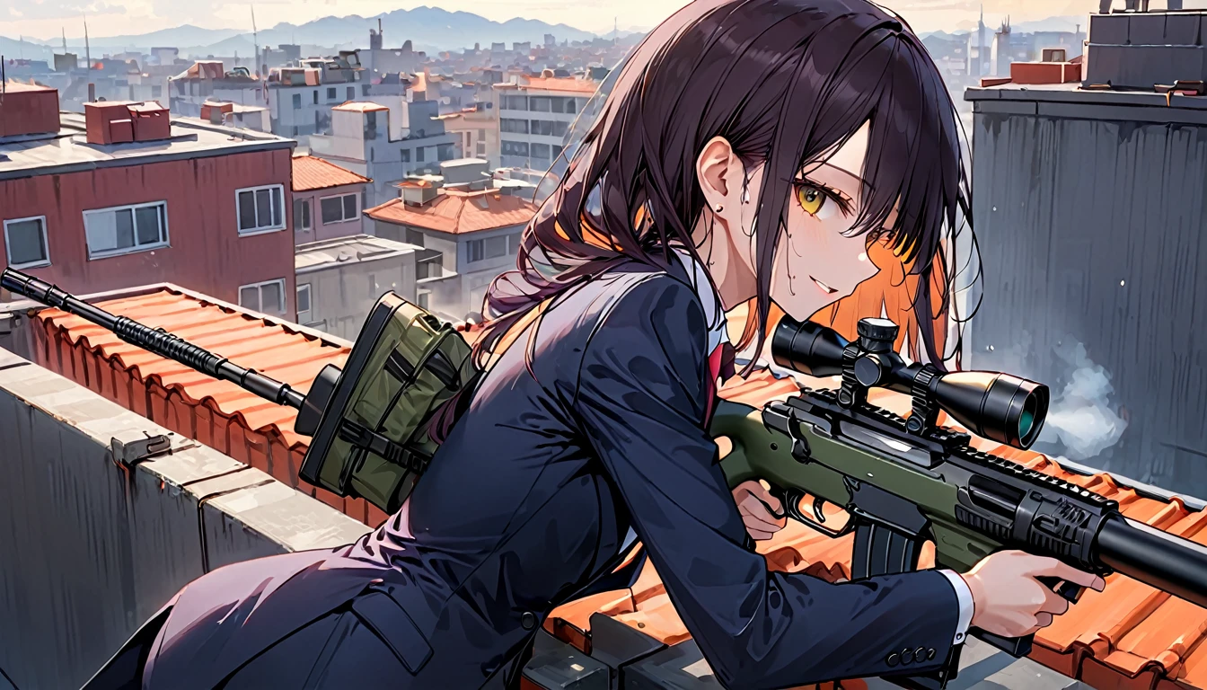 Young beautiful woman,(Highest quality,Extremely detailed depiction,Incredibly absurd high resolution,Anatomically accurate depiction,SFW),(Detailed skin,Sweat),Sniper in a suit,Rooftopで座っている,Taking aim with a sniper rifle,Sinister Smile,background:Rooftop,From the side:1.3