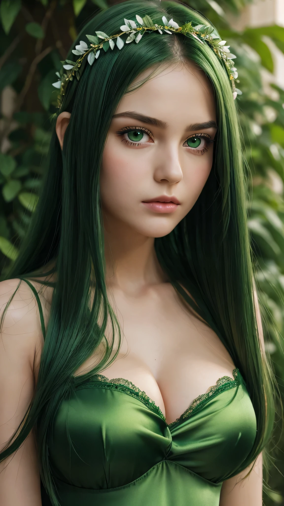 a girl. the face sends feeling. Europe. Oval face. long face. delicate facial features. eyes are dull. seductively seductive. green eyes. long straight hair. green hair. wreath on head. sad expression. big breasts. Sexy green silk nightgown. straight face. outdoor