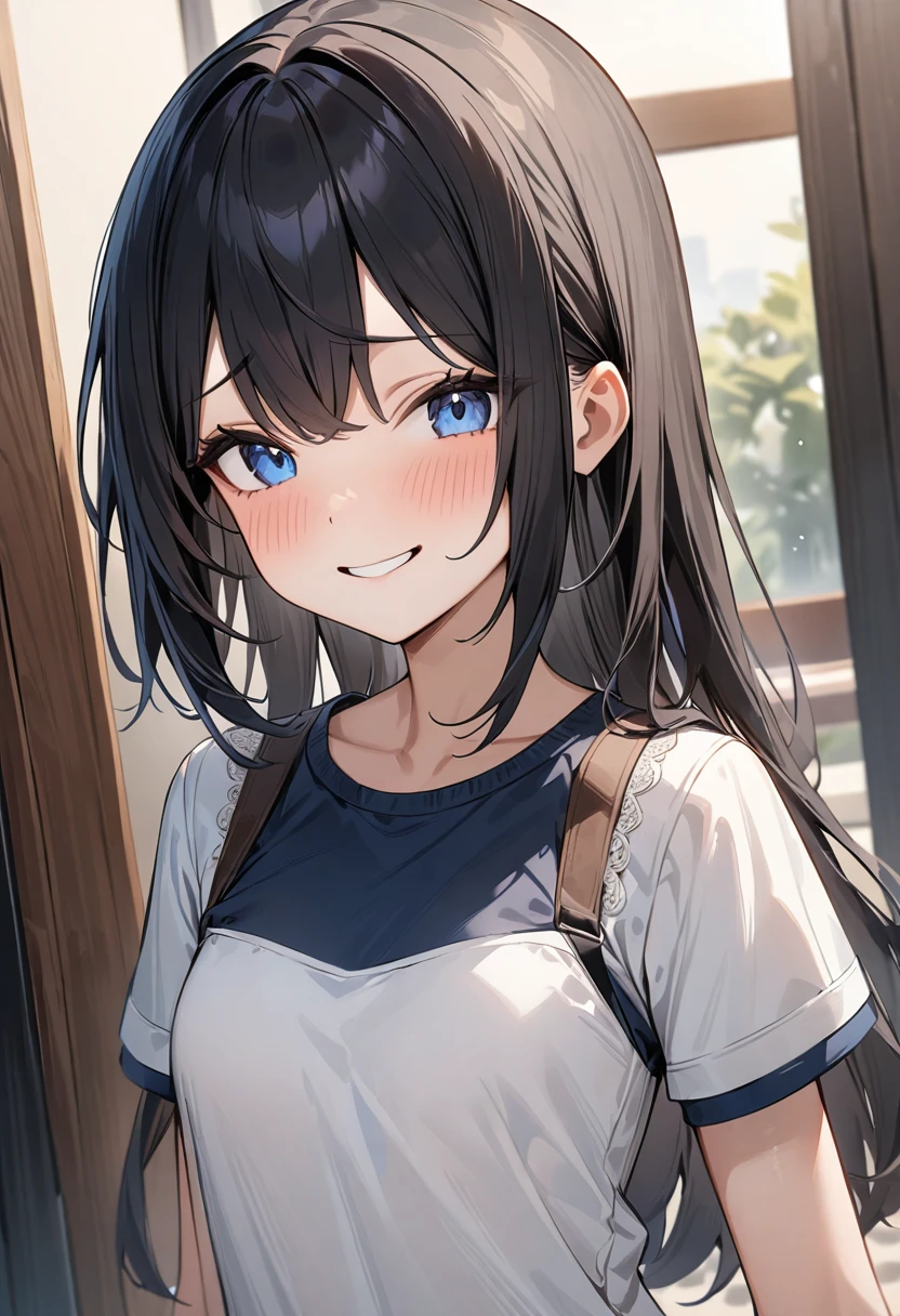 (masterpiece, top quality, very aesthetic, 4k、illustration), intricate detail, 1girl,Standing 、(upper body)、 smile、()、
Cute 、black hair、,middle hair,sidelock ,,blue eye、Casual attire、small breasts、Slim 、
