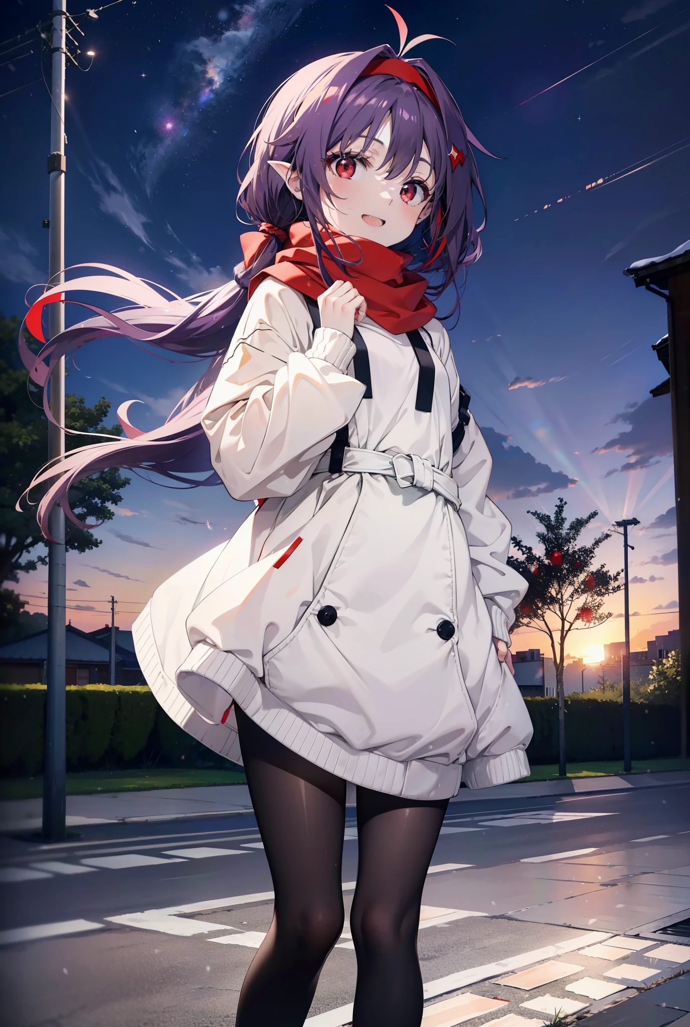 yuukikonno, Konno Yuuki, Long Hair, Pointed Ears, Purple Hair, (Red eyes:1.5), (Small breasts:1.2), Open your mouth,happy smile, smile, Open your mouth,hair band,low twin tail,Red Scarf,Oversized purple hoodie,Black pantyhose,Long skirt,short boots,Holding a paper cup of coffee in both hands,Walking,snowが降っている,snowが降り積もっている,snow,snow,snow,snow,snowが積もった木,winter,Cold Sky,night,whole bodyがイラストに入るように,
break looking at viewer, whole body,
break outdoors, garden,
break (masterpiece:1.2), Highest quality, High resolution, unity 8k wallpaper, (figure:0.8), (Beautiful attention to detail:1.6), Highly detailed face, Perfect lighting, Highly detailed CG, (Perfect hands, Perfect Anatomy),