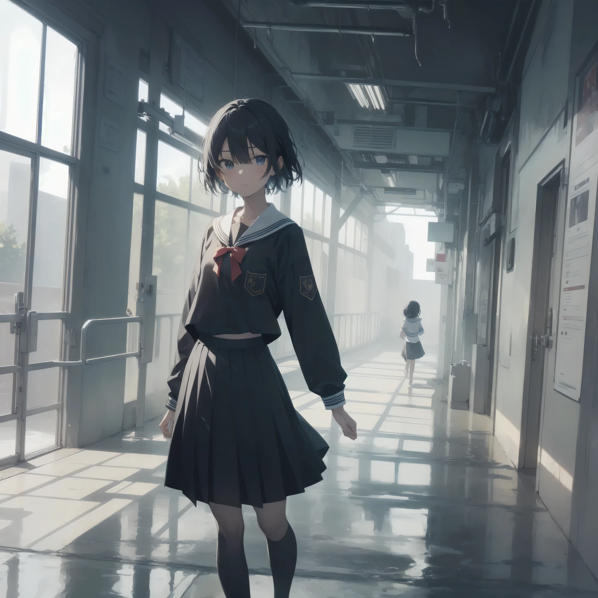 ultra-absurdres-Top quality by artist God, ultra-detailed, high resolution, anime moe artstyle, best anime 8k konachan wallpaper, pixiv contest winner, pool:2810, perfect anatomy,break, 1girl, (Please draw a girl walking sleepily to school alone. )break,(Solo,little female, 13-year-old:1.3),Full limbs, complete fingers,a junior high school student, (very short hair), short cut, flat chest, , small butt, small black eyes, beautiful detailed eyes, well-proportioned iris and pupils, expressive eyes, highres detailed hair, soft expression, salor school_uniform, sailor collar, serahuku, bow, pleated skirt,(Detailed Lighting), (Detailed background), in the School commute route. break,super detailed skin, Best cinematic lighting powered by famous artist, 8k,beauty illustration,photoshop_(medium),very aesthetic,break,((artist:yuuhagi_(amaretto-no-natsu) )), artist:clamp ,artist:carnelian ,artist:kantoku ,