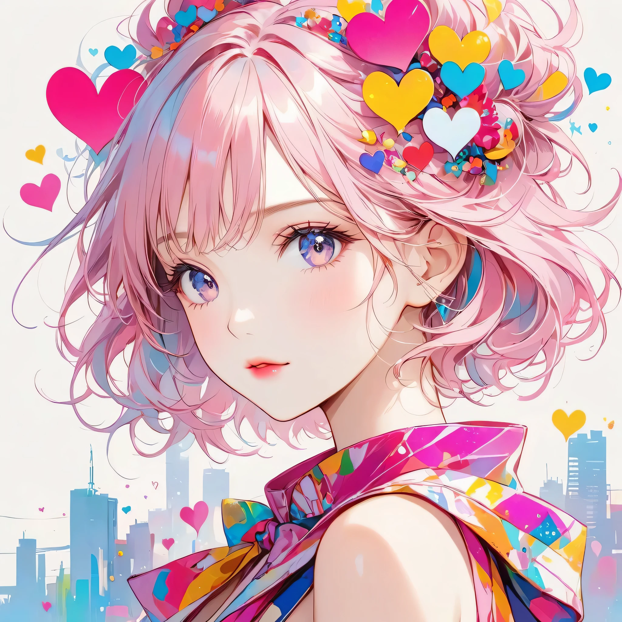 Seizo Watase Pink and White style, Simple Line Initialism，Abstract art，Urban Background, (((The most beautiful girl of all time))), Sweet face. Lips in love, colorful hearts, stylish design