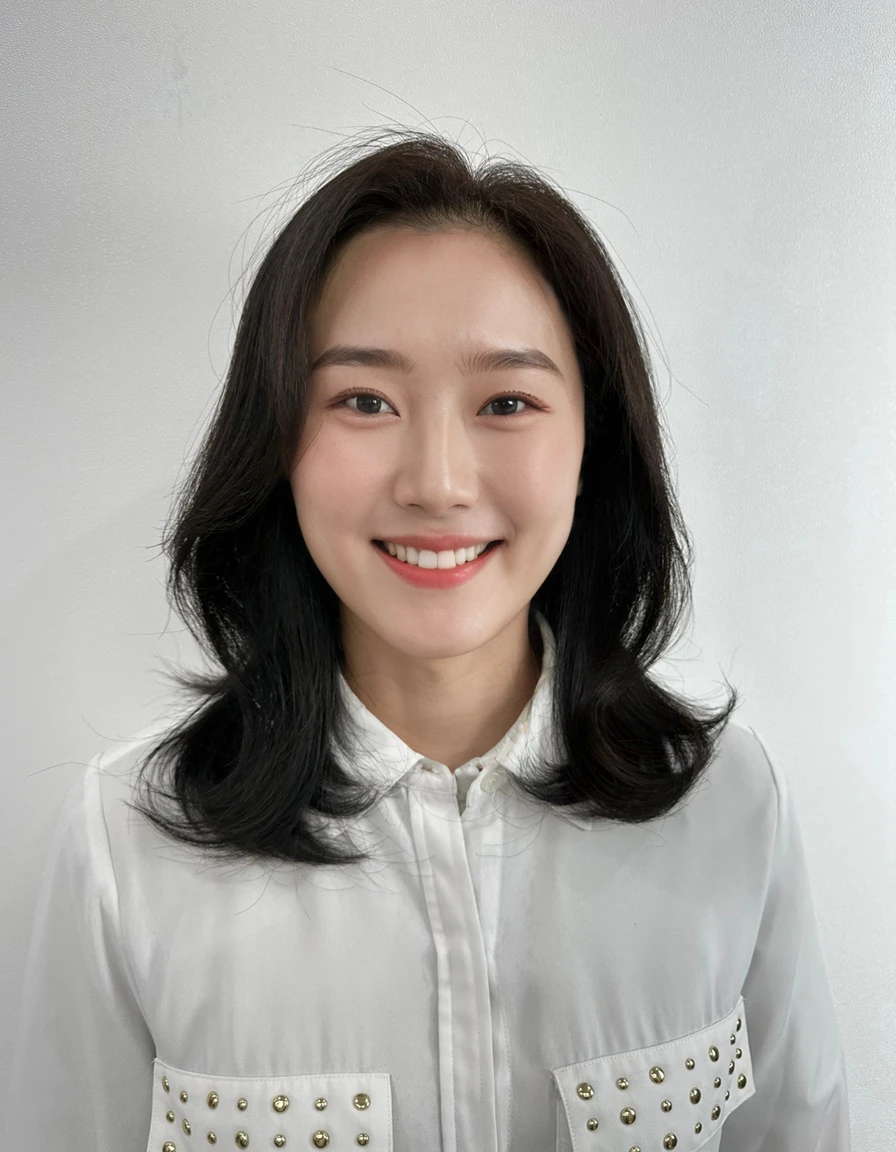 Best Quality, 8k, Masterpiece, (Portrait: 1.3), (photo realistic:1.4), (hyper realistic:1.4), Sharp Focus, looking at viewer, (smoother lighting:1.1), (increase cinematic lighting quality:0.9), realistic lighting, backlighting, light on face, ray trace, (brightening light:1.2), (Increase quality:1.4), sharp detail, (best quality real texture skin:1.4), finely detailed eyes, black_eyes, finely detailed face, 25 year old Korean woman,smiling_face