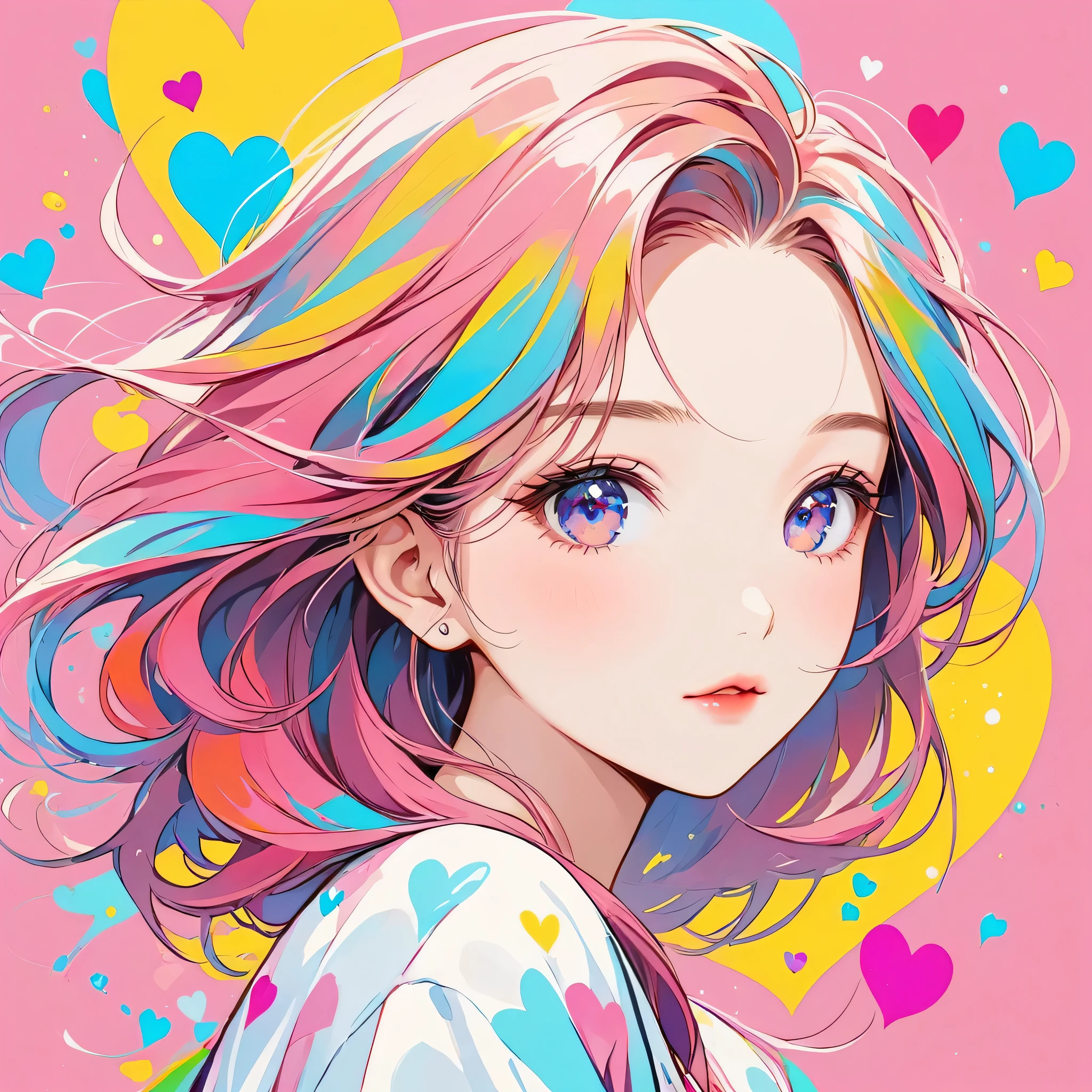 Seizo Watase Pink and White style, Simple Line Initialism,Abstract art,Urban Background, (((The most beautiful girl of all time))), Sweet face. Lips in love, colorful hearts, stylish design